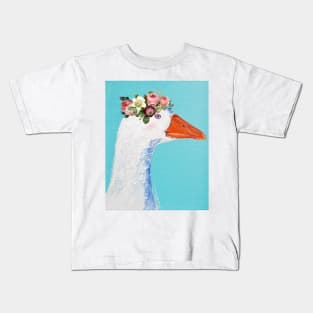 White goose in roses flower crown farmers gift Kids T-Shirt